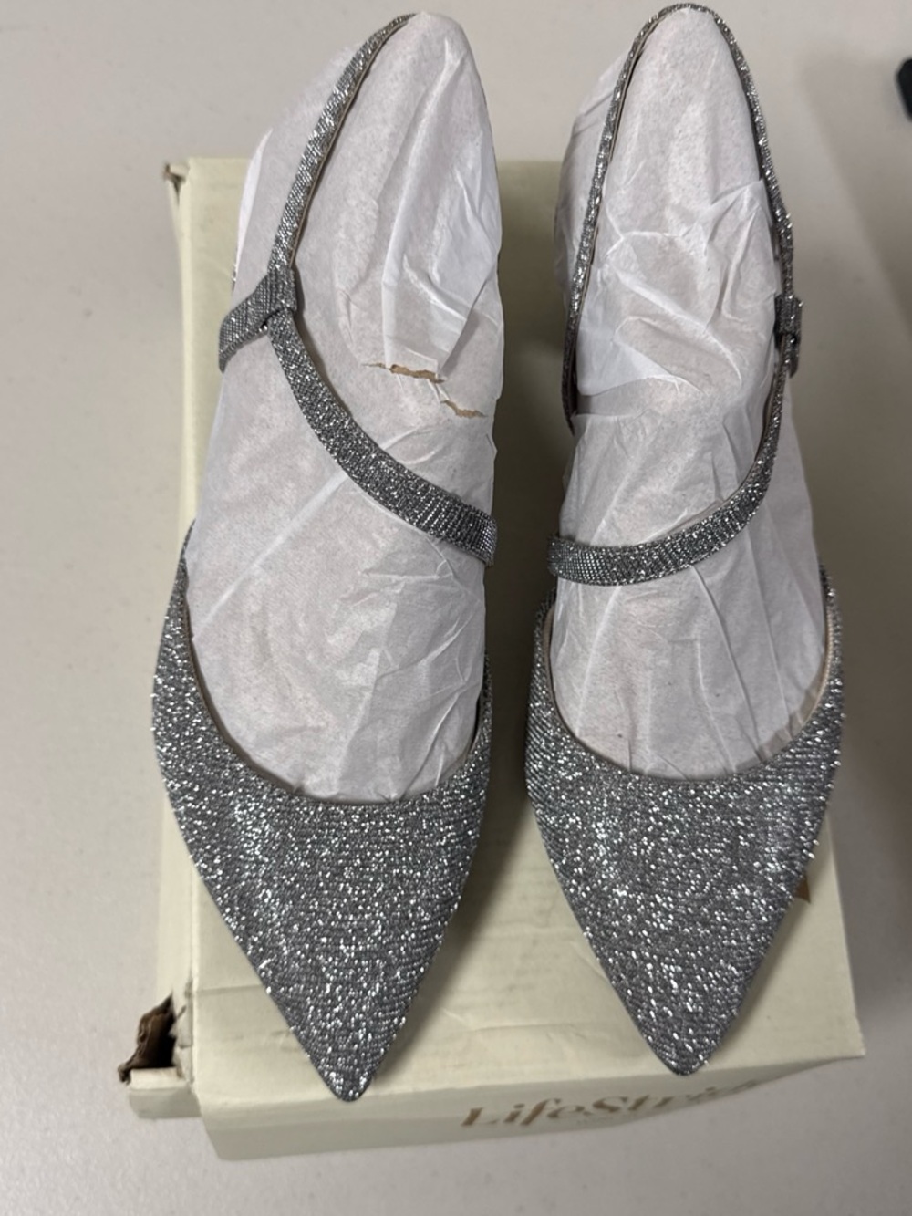 Life Stride Silver Glitter Pointed Mary Jane Espadrilles with Strap